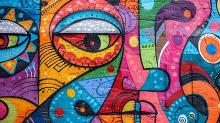Obraz premium Close-up of a vibrant mural on a city building, capturing its intricate details and textures