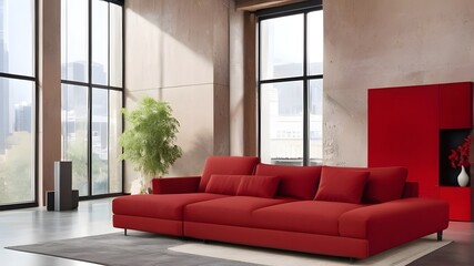 A sleek, red modular corner sofa stands out against a blank, brown stucco wall, creating a striking contrast in this loft interior design. The modern living room is brought to life with this unique.