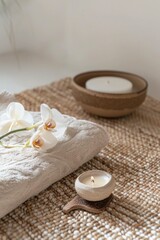 Close-up of a woven bath mat with a single orchid bloom, a handcrafted ceramic soap dish, and a candle snuffer
