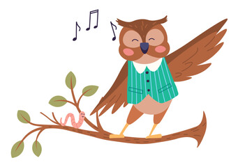 Animal music vector illustration. Happy creatures perform in cheerful music party, creating with lively music band as they perform magical animal music metaphor. Owl sings standing on a branch