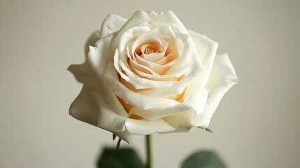 pure white rose close - up against a white wall, with a green stem visible in the foreground