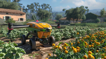 an image of high-tech agricultural drones buzzing over vast fields, equipped with advanced sensors and cameras to monitor crop health and detect areas needing attention, showcasing the innovative