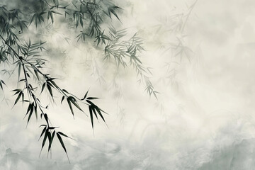 Traditional Chinese bamboo ink painting with misty background