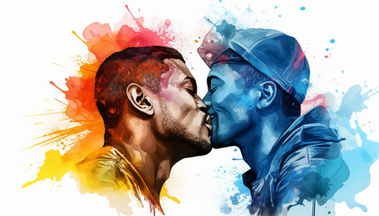 Two men kissing in a colorful background