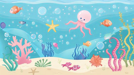 Underwater adventure with colorful marine life and playful octopus