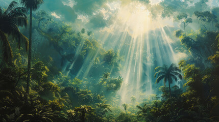 Mystical jungle scene with sunlight beams filtering through