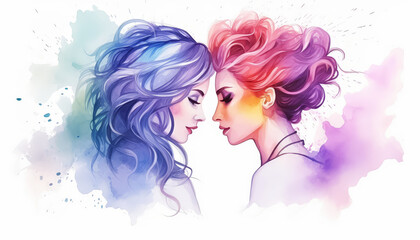 Two women with colorful hair and makeup