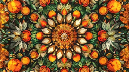 Illustration of a fruit pattern background seamlessly blending with a mandala design