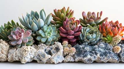 succulent garden in desert landscape featuring a variety of colorful flowers, including pink, green, blue, and purple blooms, with a gray rock in the foreground