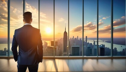 Businessman overlooking city at sunrise, a vision of corporate ambition and new opportunities.

