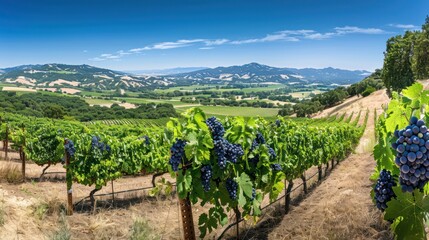 vineyard with clusters of ripe grapes, under a clear blue sky
