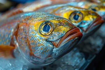 Fototapeta premium A macro shot capturing the vivid details and colors of a fresh fish's eye and scales
