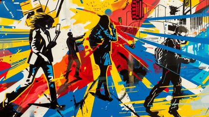 Pop art street scene inspired by a comic book panel, exaggerated figures, bold colors, and action lines