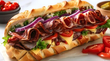 Italian sub sandwich with meats cheese and veggies on white background. Concept Food Photography, Italian Sub Sandwich, White Background, Meats, Cheese, Veggies