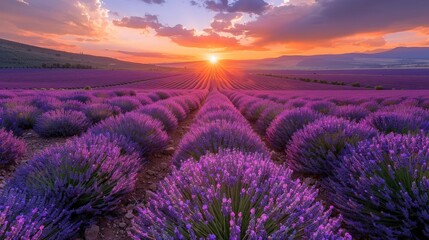 sunset over lavender field with purple flowers and blue sky