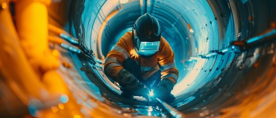 Heavy Industry Worker Wearing Helmet Welding Inside Oil and Gas Pipe. Industrial Manufacturing Factory Welding Natural Gas, Oil and Fuel Pipelines.