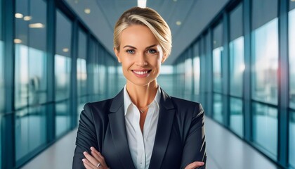 Confident businesswoman in navy suit, projecting professionalism in a modern office with soft daylight.