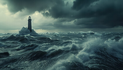 A lighthouse is visible in the distance as the waves crash against the shore - Powered by Adobe