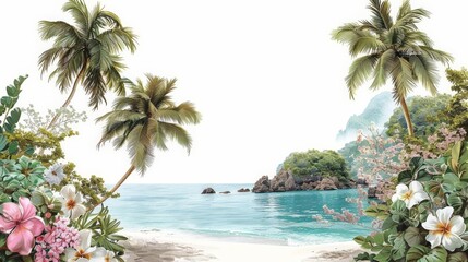 tropical beach with palm trees and flowers, featuring a large rock and blue water under a white sky