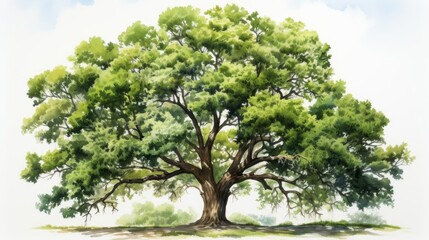 A watercolor painting of a large, majestic oak tree with a wide, spreading canopy of green leaves