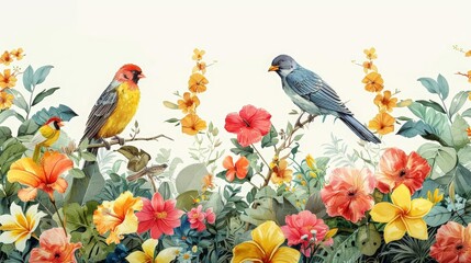 tropical birds among exotic flowers in a garden
