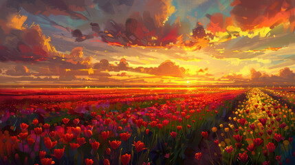 A breathtaking vista of a sunset over a field of tulips, their vibrant colors shimmering in the last rays of sunlight before nightfall.