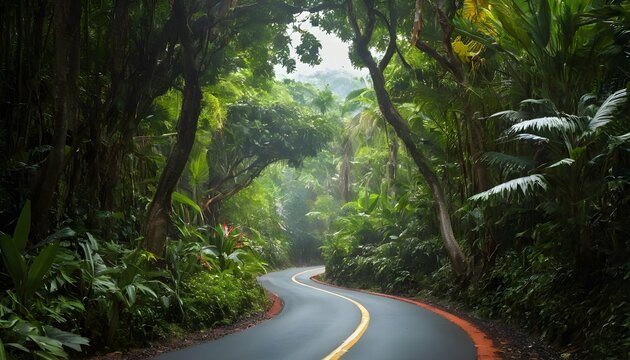 A narrow road winding through a vibrant tropical f upscaled 14