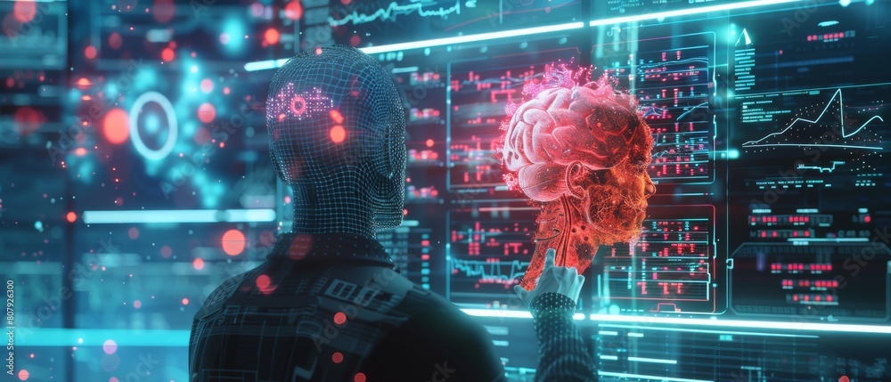 Poster the idea of digitalization is displayed on a computer screen that shows a future version of artifici
