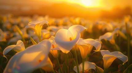 A captivating tableau of a sunset over a field of lilies, their pristine white petals shimmering in the warm, golden light of dusk.