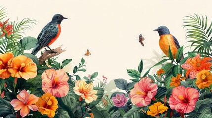 Naklejka premium tropical birds among exotic flowers on a isolated background