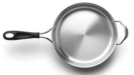 Clean, stainless steel skillet with a black handle on a white background,