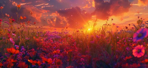 A captivating view of a sunset over a field of wildflowers, their myriad colors blending together in a riot of natural beauty.