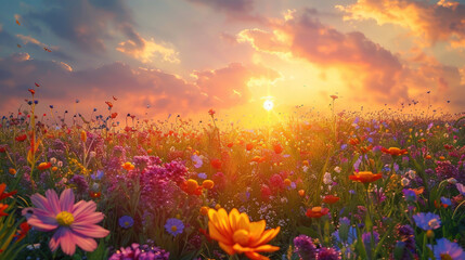 A captivating view of a sunset over a field of wildflowers, their myriad colors blending together in a riot of natural beauty.