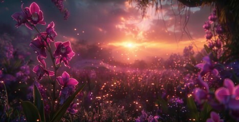 A mesmerizing view of a sunset over a field of orchids, their exotic blooms bathed in the soft, ethereal light of evening.