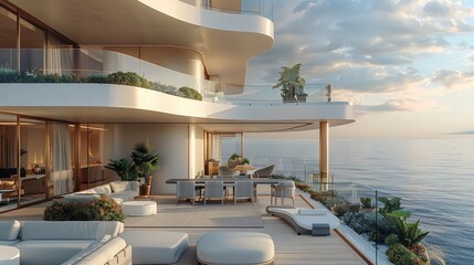 The terrace overlooking the ocean, new development modern condo. Generative AI.