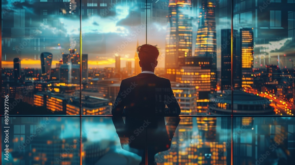 Poster rear view. double exposure of success businessman working in office with city building view, filter 