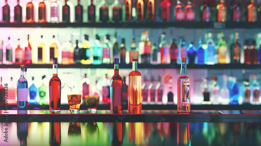 Wall mural colorful alcoholic drinks and cocktails on the reflective surface of the bar counter. blurred shelve