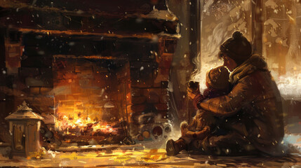 A mother and her child snuggled up by the fireplace, sipping hot cocoa and sharing stories on a cold winter's night.