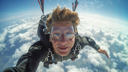 A man is smiling while he jumps with a parachute. He feels happy and excited as he jumps into the sky and experiences the thrill of free falling. This is skydiving.