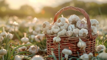 basket full of fresh garlic, surrounded endless field with green plants, creating a natural environment