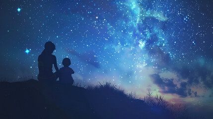 A mother and her child stargazing together, marveling at the beauty of the night sky and sharing dreams.