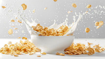 Corn flakes with milk splash in white bowl isolated on white background --ar 16:9