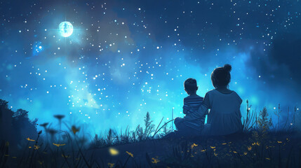 A mother and her child stargazing together, marveling at the beauty of the night sky and sharing dreams.