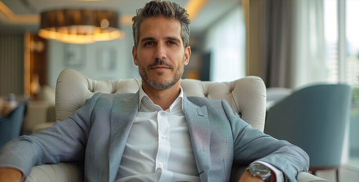 Real estate professional, realty sitting in a modern corporate head office wearing a expensive suit. Generative AI.