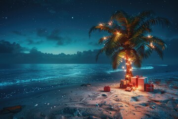 Palm tree in Christmas decoration with presents on exotic beach at night