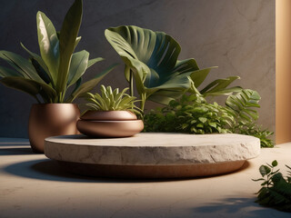 Stone podium with plants for product presentation
