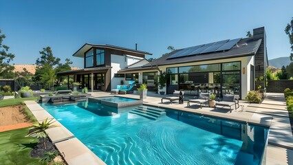 Fototapeta premium Luxury smart home with green energy features and solar panels. Concept Green Energy Features, Solar Panels, Smart Home Technology, Energy Efficiency, Luxury Living