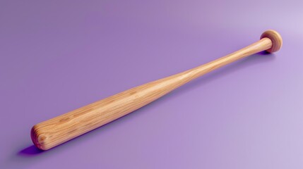 A wooden baseball bat lies on a purple surface. The bat is made of wood and has a round barrel with a slight taper towards the handle.