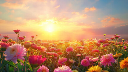 A picturesque tableau of a sunset over a field of chrysanthemums, their colorful blooms glowing in the warm, golden light of evening.