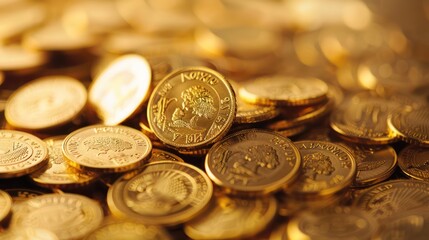 Gold coins, pile of gold coin , shiny and golden, background is the treasure room of an ancient pirate king